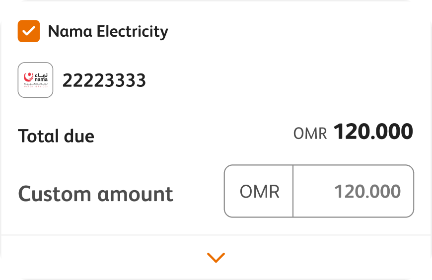 A Nama Electricity bill card in the same format, with its own total due and custom amount.
